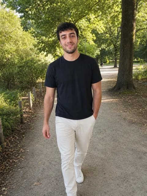 Demo profile full-body shot: walking a park path in daylight