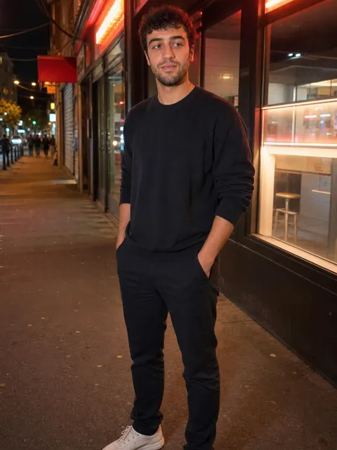 Demo profile night shot: standing on a lit street, full body